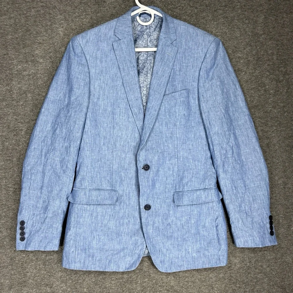 100% Linen Blazer Jacket Men's 38L Blue Slim Fit Bar III Beach Wedding Summer